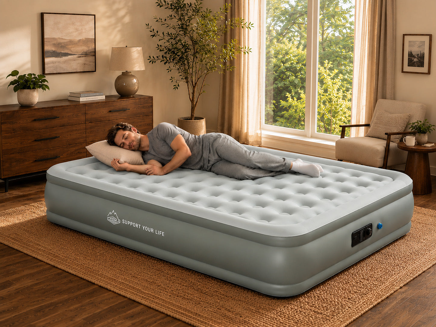 Dad relaxing on a JUITOY air mattress
