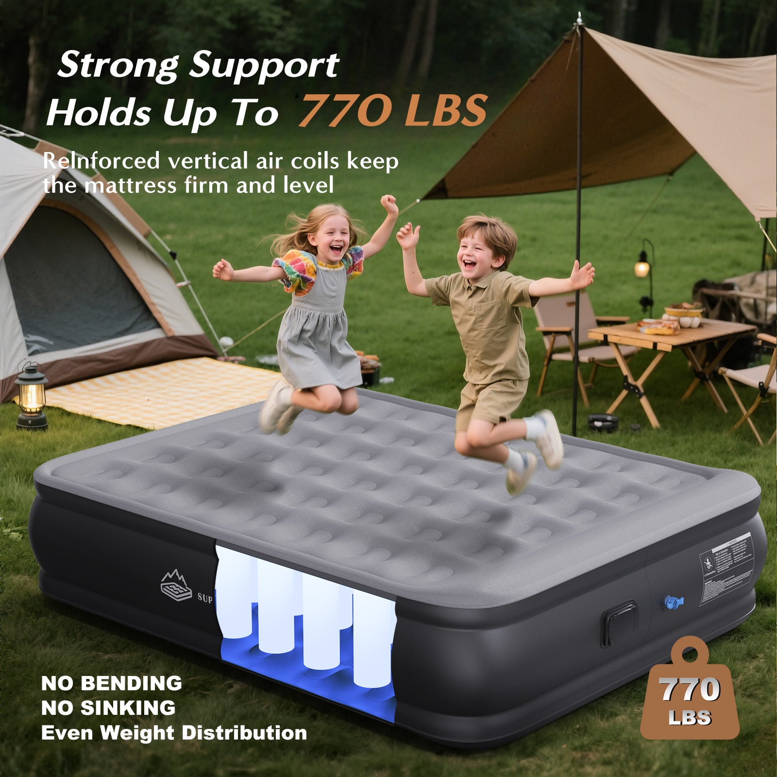 JUITOY queen air mattress with reinforced vertical air coils demonstrating even support at a campsite
