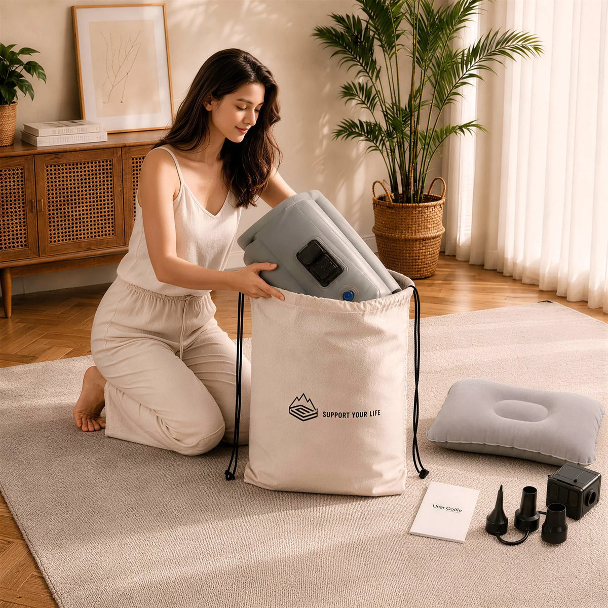 Person packing a JUITOY Twin air mattress and accessories into the carry bag