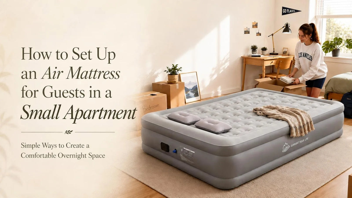 College student setting up a JUITOY raised air mattress for overnight guests in a small apartment