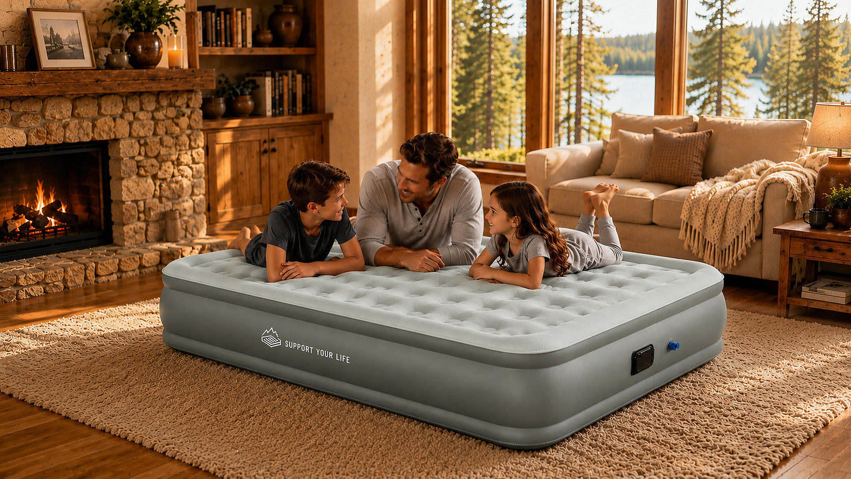 Father and children relaxing on a JUITOY air mattress
