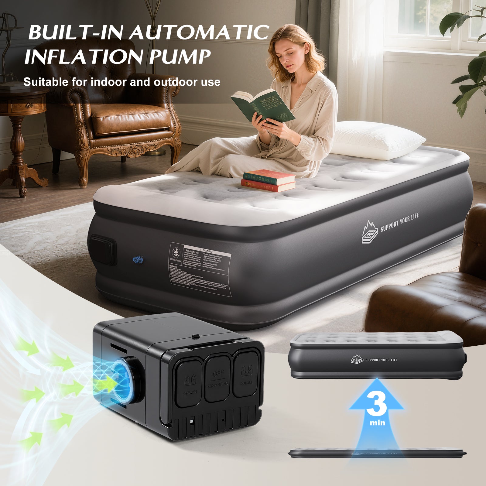 JUITOY Twin Air Mattress | 18" Elevated Inflatable Bed with Built-in Pump