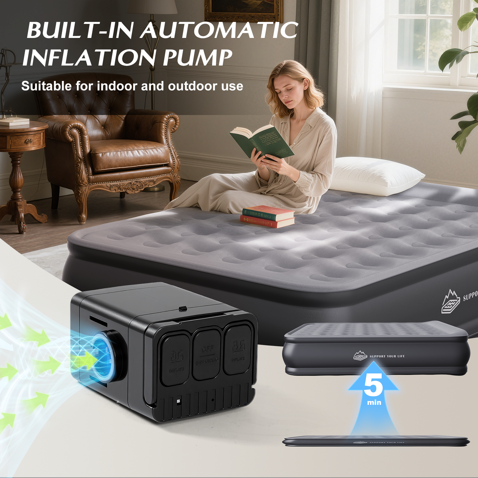 JUITOY Queen Air Mattress | 18" Elevated Inflatable Bed with Built-in Pump
