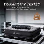 JUITOY queen air mattress undergoing a 6,000-cycle durability test with support up to 770 lbs